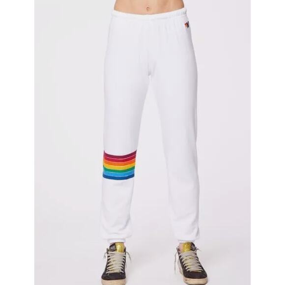 (S) $160 Aviator Nation Rainbow Stitch‎ Sweatpants White - Picture 2 of 8